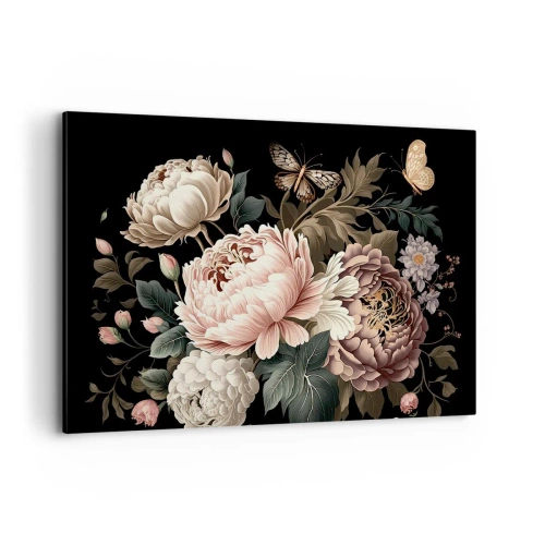 Cuadro sobre lienzo - Impresión de Imagen - Un ramo de flores rosas y mariposas sobre un fondo negro. - 120x80cm - En estilo barroco - Decoración de pared moderna para salón y dormitorio ARTTOR