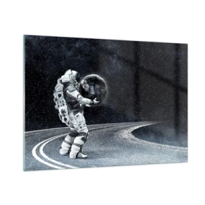 Cuadro sobre vidrio - Impresiones sobre Vidrio - Un astronauta que lleva la Tierra en su camino a través del universo. - 100x70cm - En la Vía Láctea - Decoración de pared moderna para salón y dormitorio ARTTOR