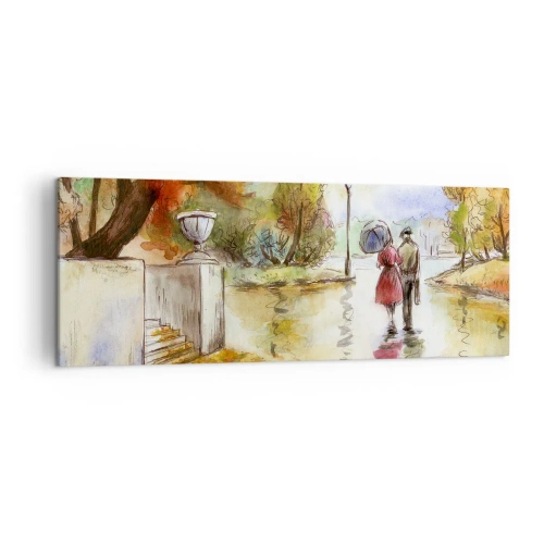 Cuadro sobre lienzo - Impresión de Imagen - Un paseo por el parque de otoño con un paraguas. - 140x50cm - Un otoño romántico en el parque - Decoración de pared moderna para salón y dormitorio ARTTOR