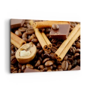 Cuadro sobre lienzo - Impresión de Imagen - Granos de café con ramas de canela, chocolate y nueces. - 120x80cm - Concierto de aromas - Decoración de pared moderna para salón y dormitorio ARTTOR