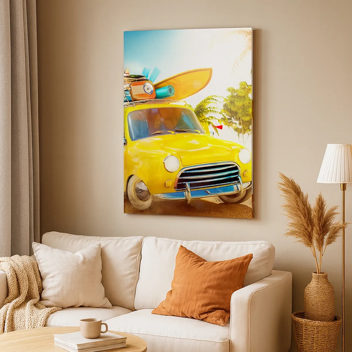 Cuadro sobre lienzo - Impresión de Imagen - Un coche amarillo con equipaje frente a un paisaje tropical. - 50x70cm - Un viaje para más de una sonrisa - Decoración de pared moderna para salón y dormitorio ARTTOR