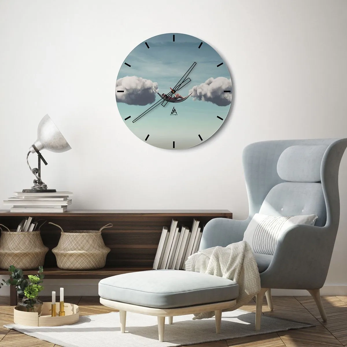 Reloj de pared - Reloj de vidrio - Una hamaca suspendida en las nubes - 30x30cm - La felicidad del momento - Decoración de pared moderna para salón, cocina y dormitorio ARTTOR