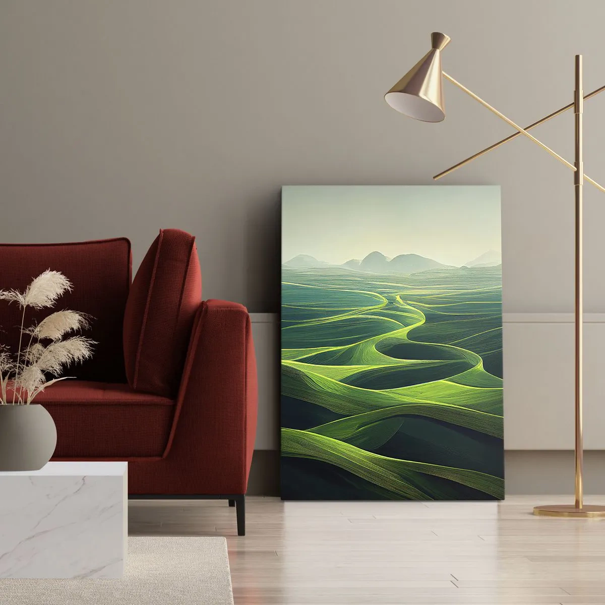 Cuadro sobre lienzo - Impresión de Imagen - Colinas verdes con senderos ondulados - 70x100cm - Valles en tonos verdes - Decoración de pared moderna para salón y dormitorio ARTTOR