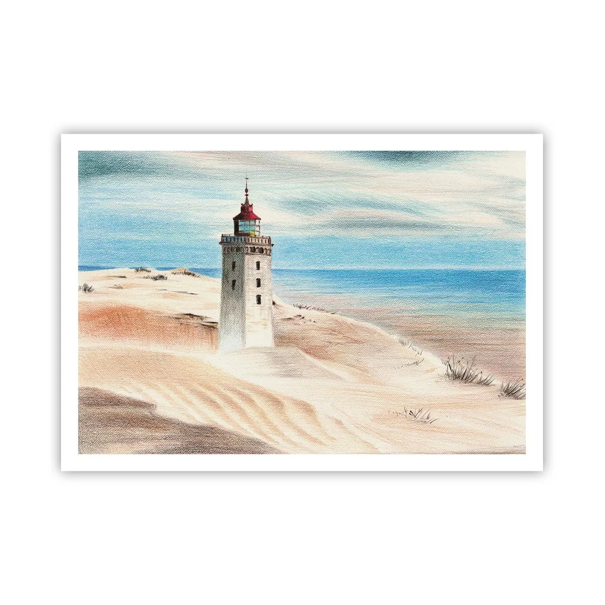 Póster - Un faro rodeado de dunas de arena y un cielo azul. - 100x70cm - Siempre mirando al mar - Decoración de pared moderna para salón y dormitorio ARTTOR