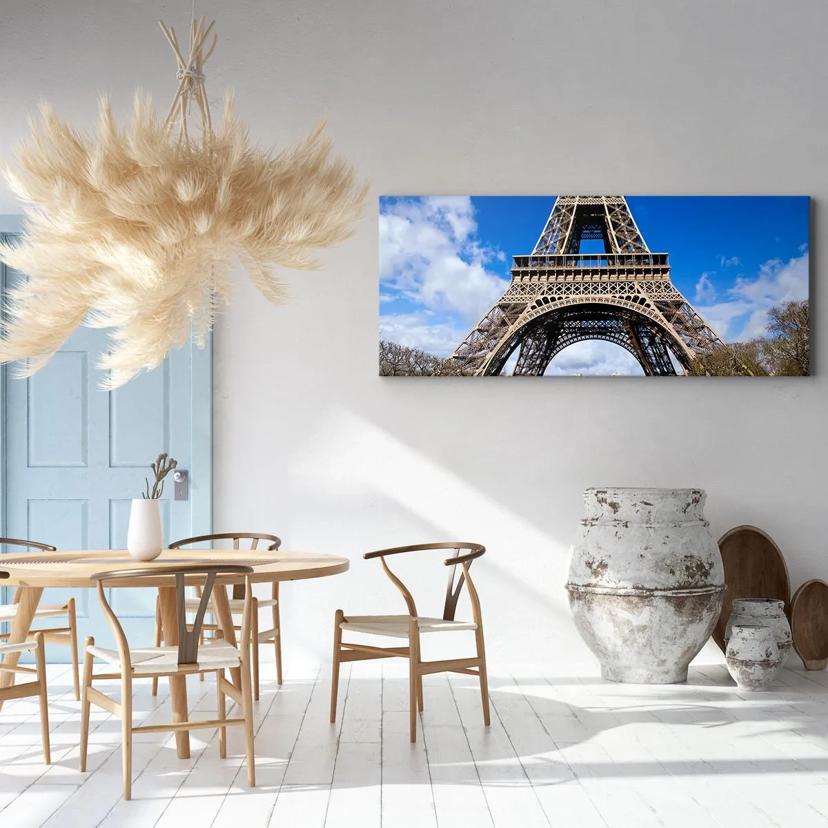 Cuadro sobre lienzo - Impresión de Imagen - La Torre Eiffel con el cielo azul y un parque verde como fondo. - 120x50cm - Todo París a sus pies - Decoración de pared moderna para salón y dormitorio ARTTOR