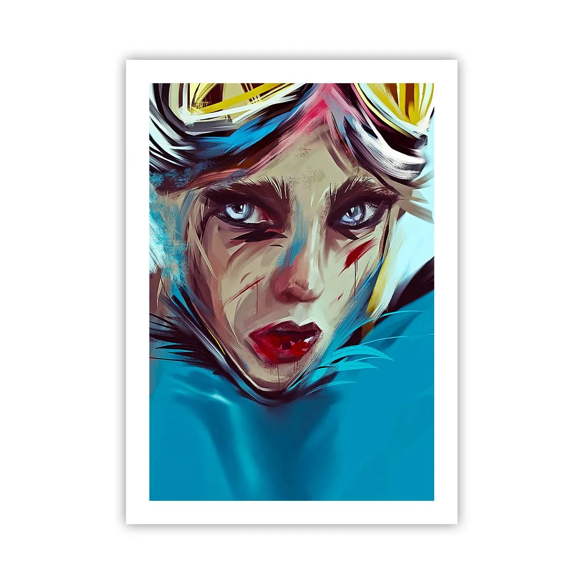 Póster - Retrato de una mujer con mirada intensa y fondo azul. - 50x70cm - Guerrera colorida - Decoración de pared moderna para salón y dormitorio ARTTOR