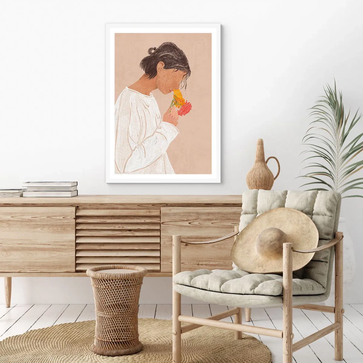 Póster en marco blanco - Joven con flores - 50x70 cm