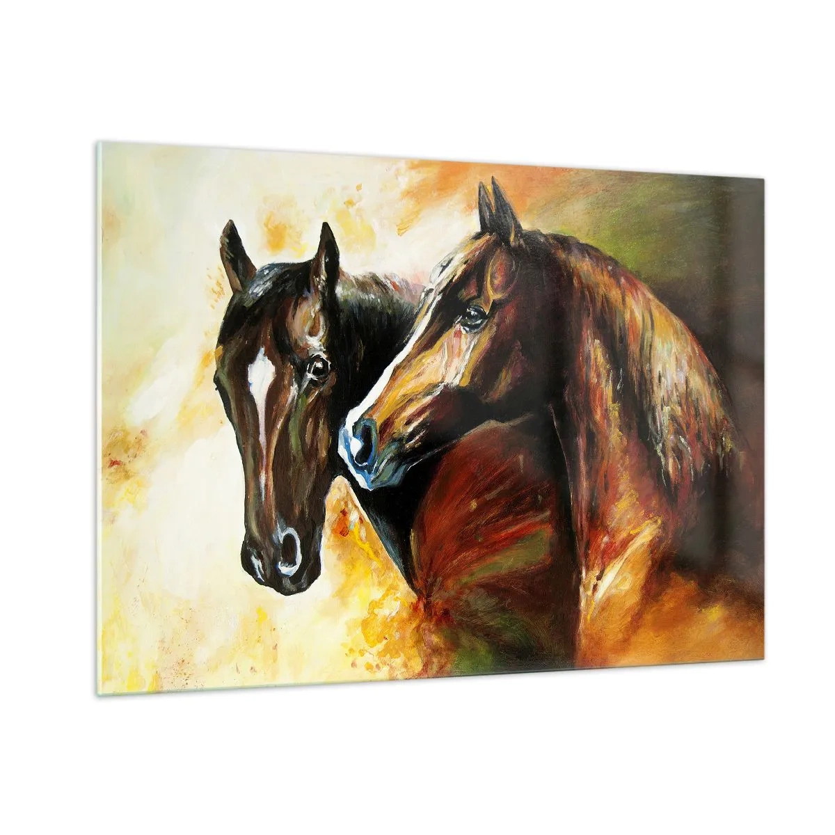 Cuadro sobre vidrio - Impresiones sobre Vidrio - Dos caballos en una composición artística y dinámica. - 100x70cm - El doble de encanto - Decoración de pared moderna para salón y dormitorio ARTTOR