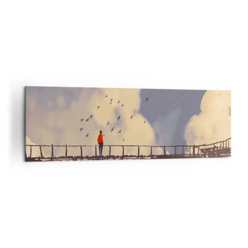 Cuadro sobre lienzo - Impresión de Imagen - Una figura en un puente entre nubes con pájaros en el cielo. - 160x50cm - Anhelo azul - Decoración de pared moderna para salón y dormitorio ARTTOR