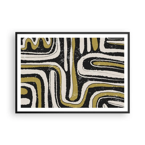 Póster en marco negro - Patrón abstracto en negro, blanco y dorado. - 100x70cm - Composición: tramos y callejones - Decoración de pared moderna para salón y dormitorio ARTTOR