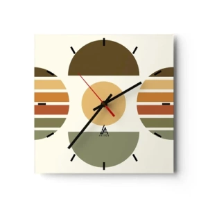 Reloj de pared - Reloj de vidrio - Composición geométrica con semicírculos y rayas en tonos tierra. - 30x30cm - Los tonos de la tierra - Decoración de pared moderna para salón y dormitorio ARTTOR