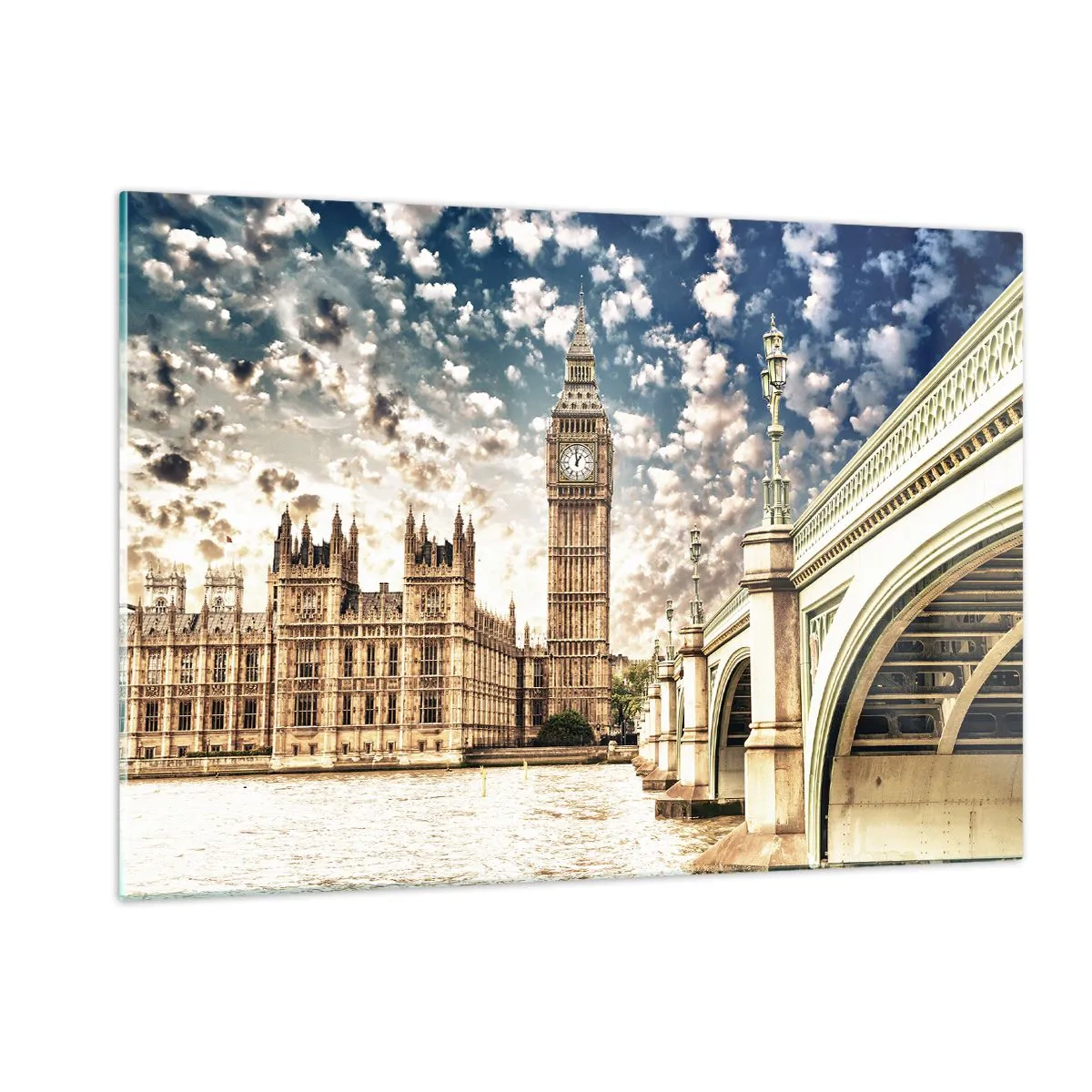 Cuadro sobre vidrio - Impresiones sobre Vidrio - El Big Ben y el puente de Westminster en Londres - 120x80cm - Nubes sobre el Támesis - Decoración de pared moderna para salón y dormitorio ARTTOR
