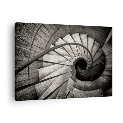 Cuadro sobre lienzo - Impresión de Imagen - Escalera de caracol en blanco y negro de estilo moderno. - 70x50cm - Escaleras arriba, escaleras abajo - Decoración de pared moderna para salón y dormitorio ARTTOR