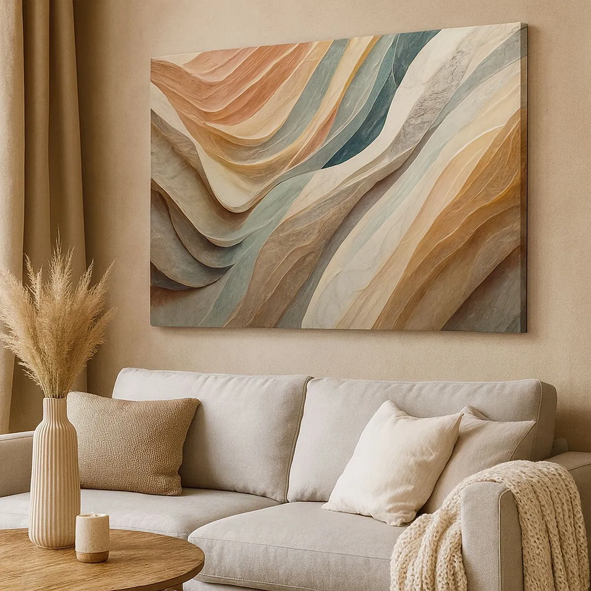 Cuadro sobre lienzo - Impresión de Imagen - Ondas abstractas en tonos pastel - 70x50cm - Momentos previos al cambio - Decoración de pared moderna para salón y dormitorio ARTTOR