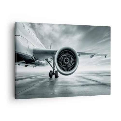 Cuadro sobre lienzo - Impresión de Imagen - El motor a reacción de un avión en la pista - 70x50cm - Hay poder - Decoración de pared moderna para salón y dormitorio ARTTOR