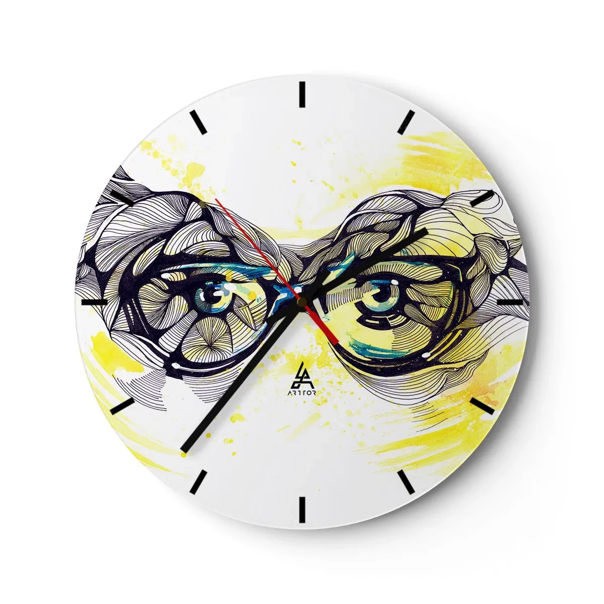Reloj de pared - Reloj de vidrio - Gafas azules de estilo artístico con detalles geométricos y fondo amarillo. - 30x30cm - A través de las gafas azules - Decoración de pared moderna para salón, cocina y dormitorio ARTTOR