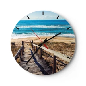 Reloj de pared - Reloj de vidrio - Un embarcadero de madera conduce a una playa de arena junto al océano azul. - 30x30cm - ¡Corre! - Decoración de pared moderna para salón, cocina y dormitorio ARTTOR