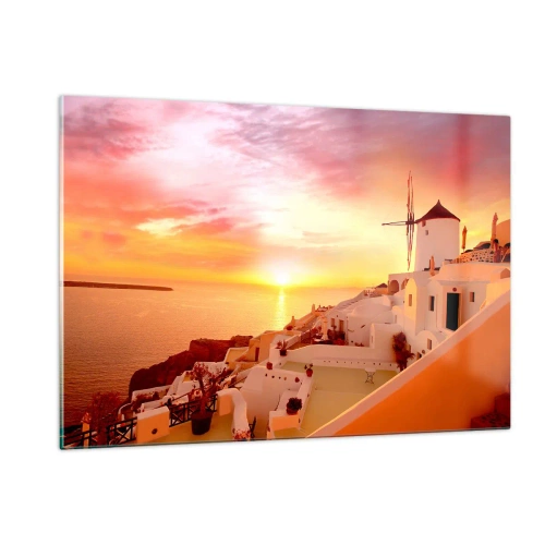 Cuadro sobre vidrio - Impresiones sobre Vidrio - Puesta de sol sobre Santorini con edificios blancos y un molino de viento - 120x80cm - Blanco y dorado - Decoración de pared moderna para salón y dormitorio ARTTOR