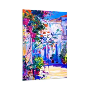 Cuadro sobre vidrio - Impresiones sobre Vidrio - Una calle colorida con plantas en flor y luz. - 50x70cm - Impresión - una calle italiana - Decoración de pared moderna para salón y dormitorio ARTTOR