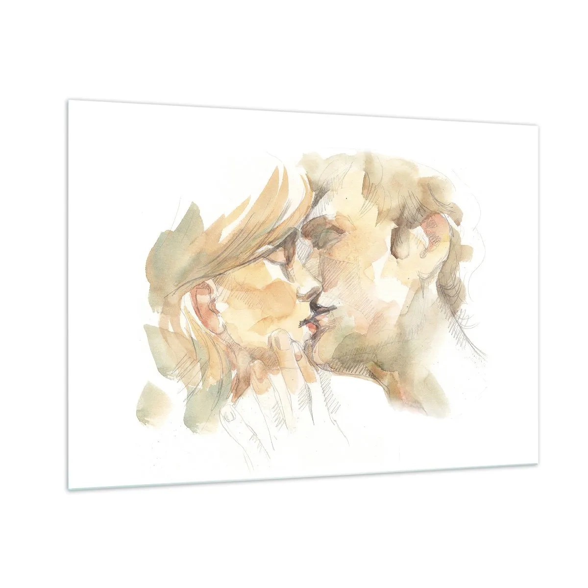 Cuadro sobre vidrio - Impresiones sobre Vidrio - Pintura romántica de acuarela de un beso de amantes. - 100x70cm - ¿La media naranja encontrada? - Decoración de pared moderna para salón y dormitorio ARTTOR
