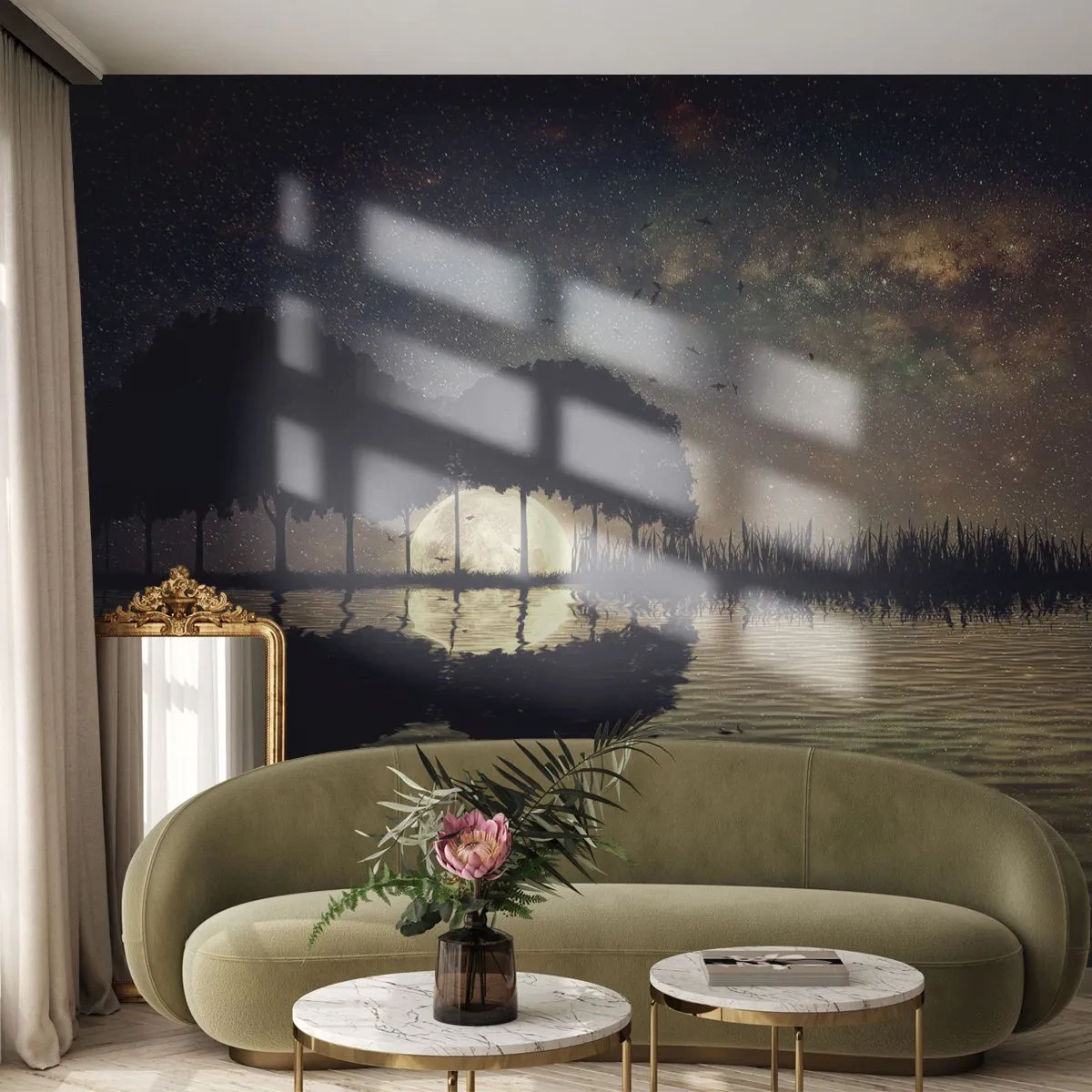 Fotomural Premium Canvas - Noche en el fin del mundo - Paisaje, Lago, Luna - 300x210 cm