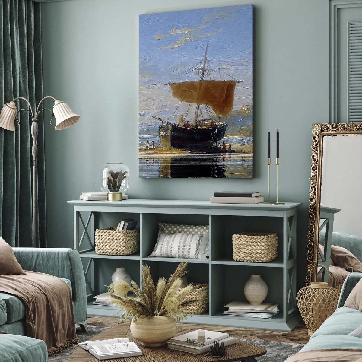 Cuadro sobre lienzo - Impresión de Imagen - Un barco en la orilla del mar en un día soleado. - 50x70cm - Agua, tierra, aire - Decoración de pared moderna para salón y dormitorio ARTTOR