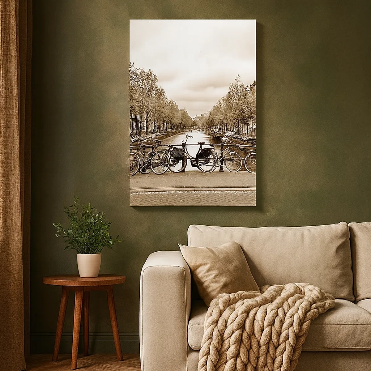 Cuadro sobre lienzo - Impresión de Imagen - Puente para bicicletas sobre el canal en sepia - 50x70cm - Holanda solo hay una - Decoración de pared moderna para salón y dormitorio ARTTOR