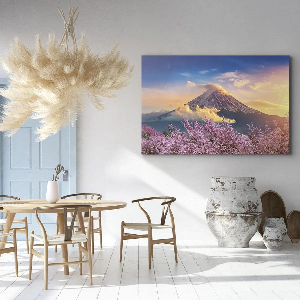 Cuadro sobre lienzo - Impresión de Imagen - Monte Fuji con flores de cerezo al fondo al atardecer - 100x70cm - La santidad japonesa - Decoración de pared moderna para salón y dormitorio ARTTOR