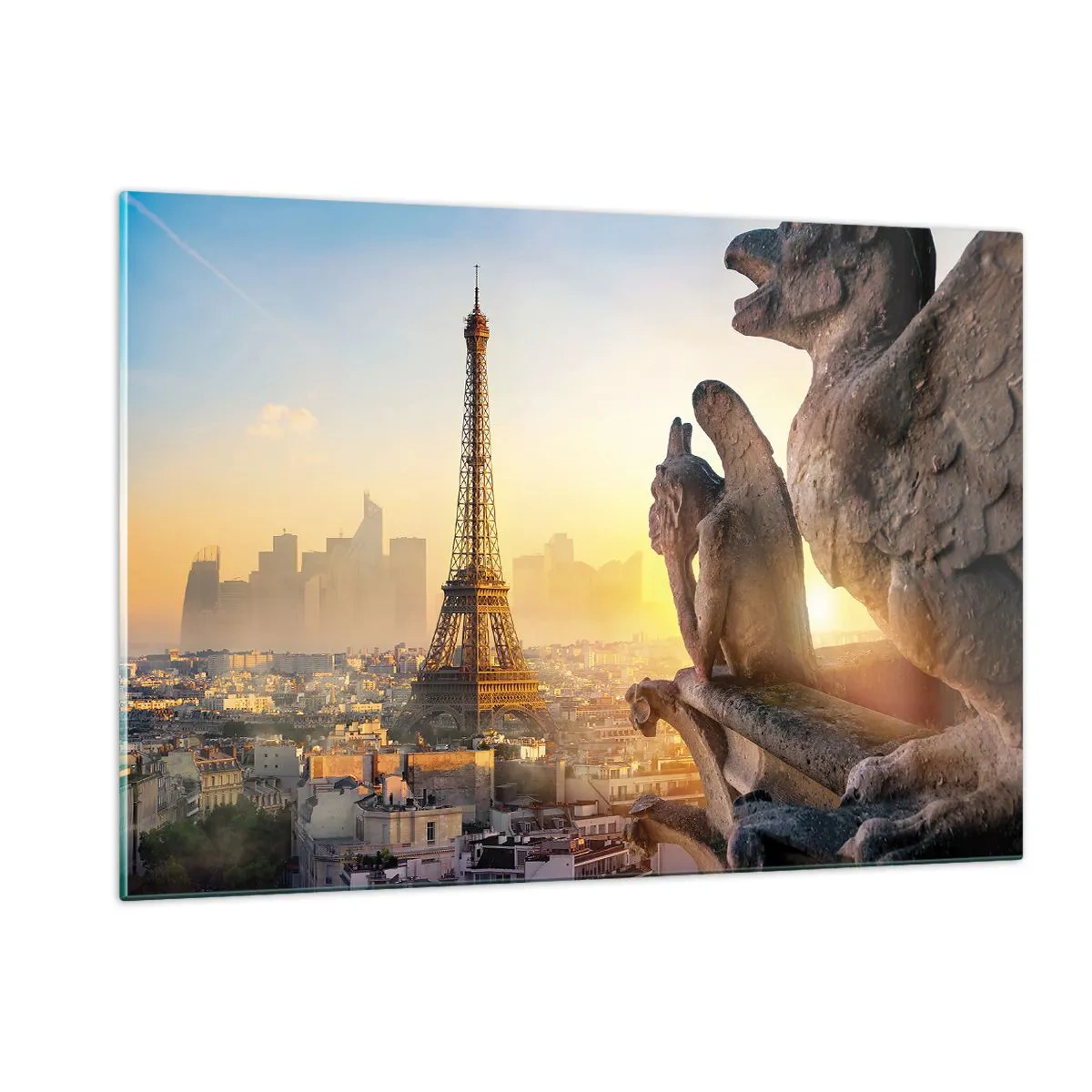 Cuadro sobre vidrio - Impresiones sobre Vidrio - La Torre Eiffel en la niebla matutina, con vistas a París y esculturas góticas. - 120x80cm - Ha cambiado tanto la ciudad... - Decoración de pared moderna para salón y dormitorio ARTTOR