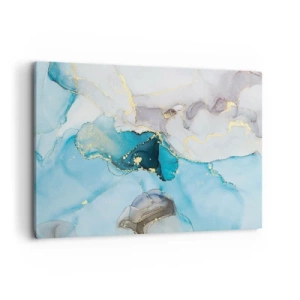 Cuadro sobre lienzo - Impresión de Imagen - Abstracción en tonos azules y dorados con líneas sutiles. - 120x80cm - Un estudio del encuentro entre el gris y el turquesa - Decoración de pared moderna para salón y dormitorio ARTTOR