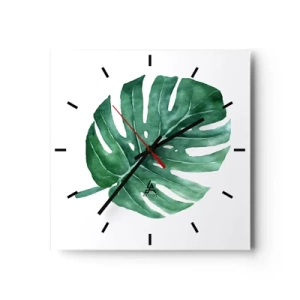 Reloj de pared - Reloj de vidrio - Hoja de monstera verde en estilo minimalista - 30x30cm - Concepto verde - Decoración de pared moderna para salón y dormitorio ARTTOR