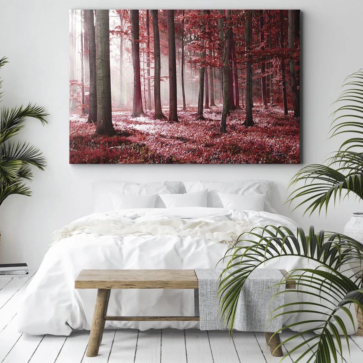 Cuadro sobre lienzo - Impresión de Imagen - Un impresionante bosque en tonos rojos con rayos de luz que penetran a través de los árboles. - 70x50cm - Rojo como el que más - Decoración de pared moderna para salón y dormitorio ARTTOR