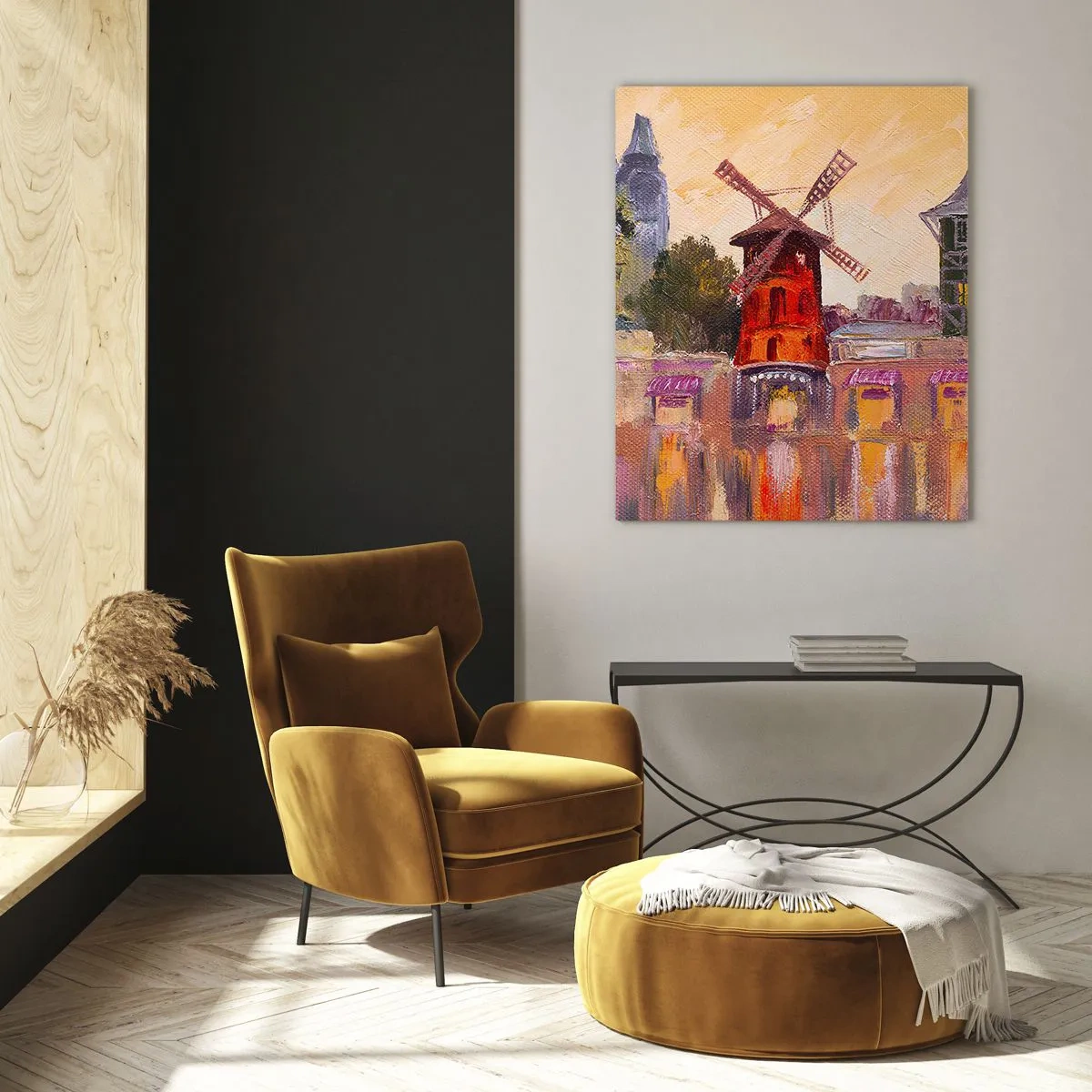 Cuadro sobre vidrio - Impresiones sobre Vidrio - El molino de viento rojo del Moulin Rouge rodeado del paisaje urbano - 70x100cm - Iconos parisinos - Moulin Rouge - Decoración de pared moderna para salón y dormitorio ARTTOR