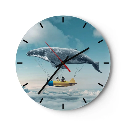 Reloj de pared - Reloj de vidrio - Una ballena voladora levantando un avión por encima de las nubes. - 30x30cm - ¿Por qué no? - Decoración de pared moderna para salón, cocina y dormitorio ARTTOR