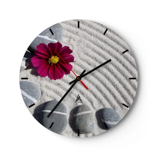 Reloj de pared - Reloj de vidrio - Flor rosa con piedras en la arena en estilo zen. - 30x30cm - Energía y paz del círculo mágico de la naturaleza - Decoración de pared moderna para salón, cocina y dormitorio ARTTOR