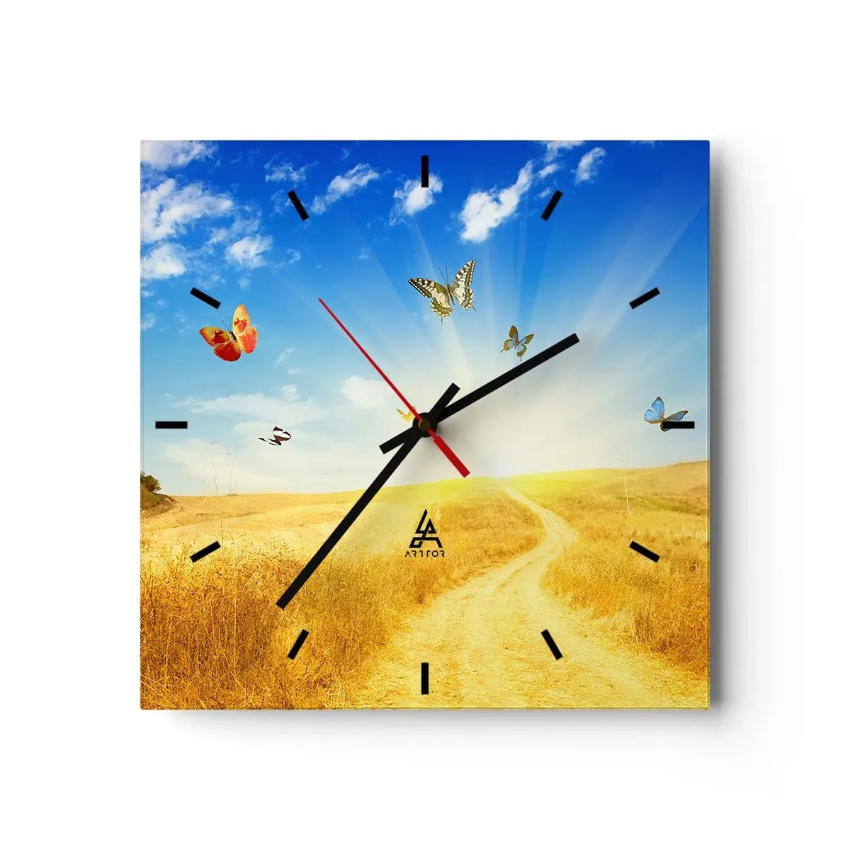 Reloj de pared - Reloj de vidrio - Un campo dorado, un camino y mariposas contra un cielo azul. - 30x30cm - ¿Cómo no amar el verano? - Decoración de pared moderna para salón y dormitorio ARTTOR