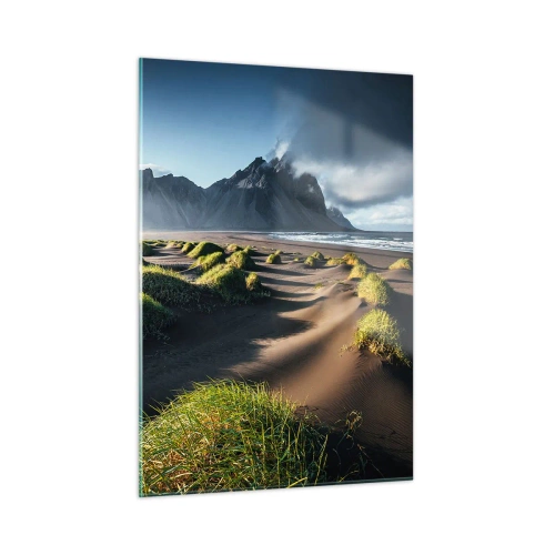 Cuadro sobre vidrio - Impresiones sobre Vidrio - Paisaje islandés con playa negra y montañas - 50x70cm - Armonía de los elementos - Decoración de pared moderna para salón y dormitorio ARTTOR