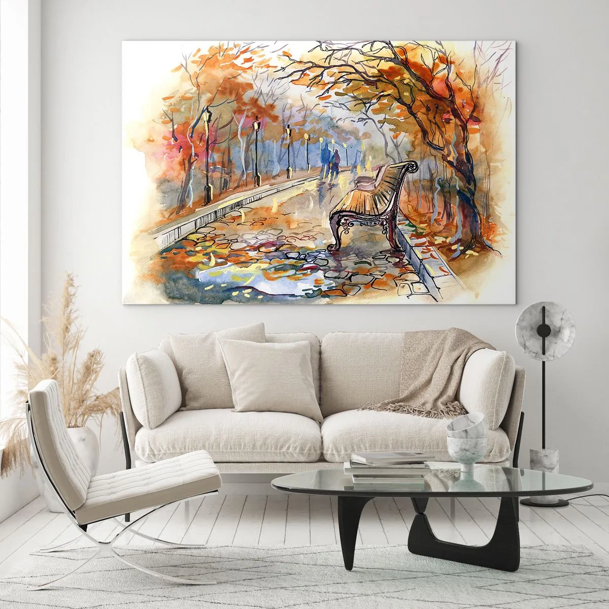 Cuadro sobre vidrio - Impresiones sobre Vidrio - Un callejón otoñal con un banco en estilo artístico de acuarela. - 120x80cm - Caminemos juntos hacia el otoño - Decoración de pared moderna para salón y dormitorio ARTTOR