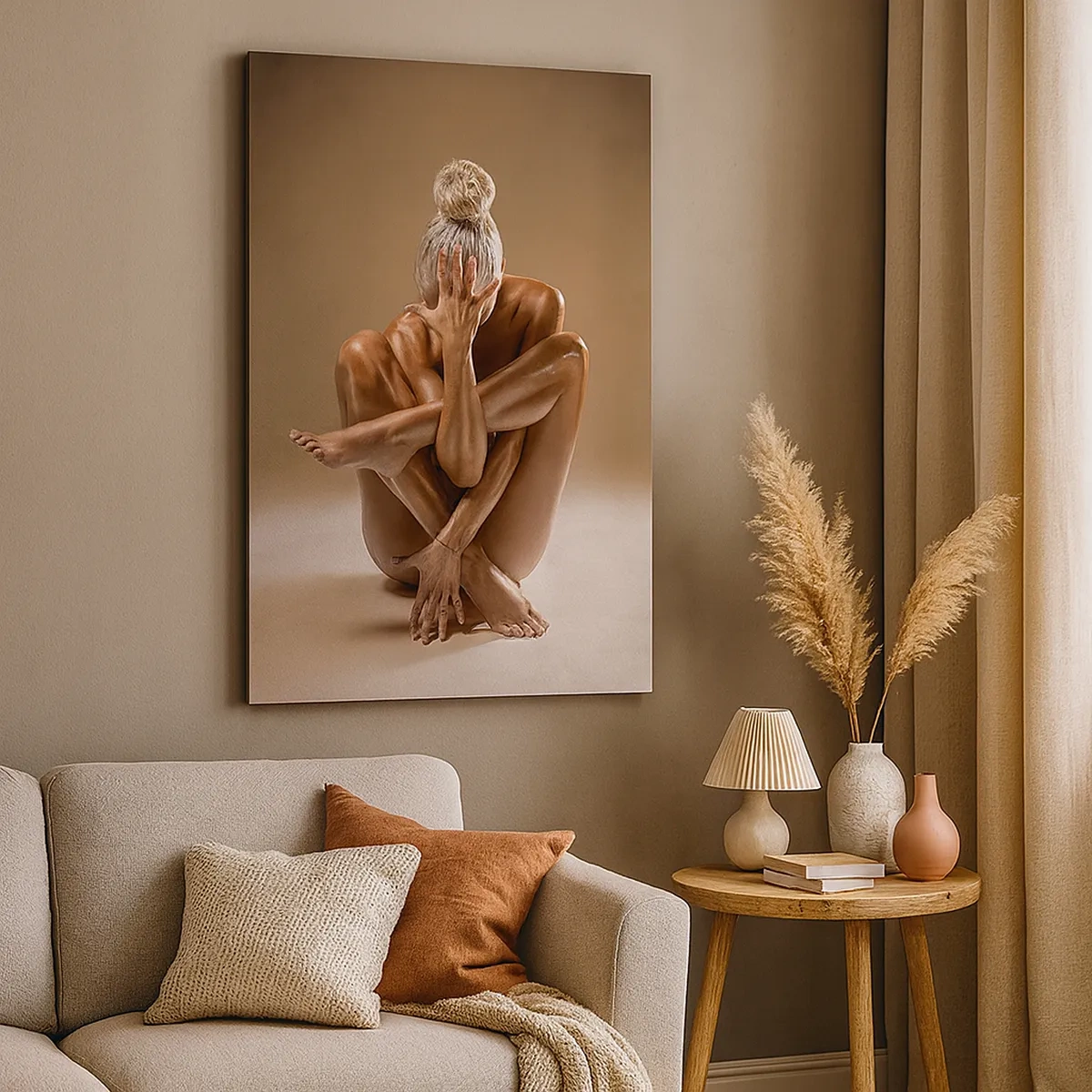 Cuadro sobre lienzo - Impresión de Imagen - Silueta artística de una mujer sobre un fondo beige. - 50x70cm - Unidad de cuerpo y espíritu - Decoración de pared moderna para salón y dormitorio ARTTOR