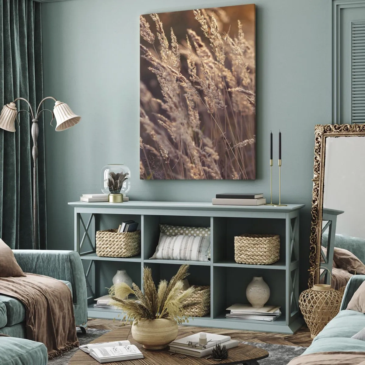 Cuadro sobre lienzo - Impresión de Imagen - Hierbas doradas con el sol poniente como telón de fondo - 50x70cm - Listos para dar la bienvenida al otoño - Decoración de pared moderna para salón y dormitorio ARTTOR