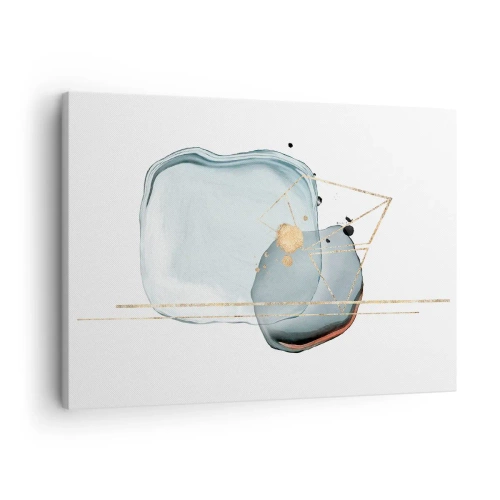 Cuadro sobre lienzo - Impresión de Imagen - Formas abstractas en tonos azules y dorados sobre un fondo blanco. - 70x50cm - Un estudio de gotas - Decoración de pared moderna para salón y dormitorio ARTTOR