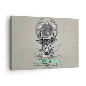 Cuadro sobre lienzo - Impresión de Imagen - Geometría de ciervo de estilo vintage con letras Wild Life - 70x50cm - Visión de San Huberto - Decoración de pared moderna para salón y dormitorio ARTTOR