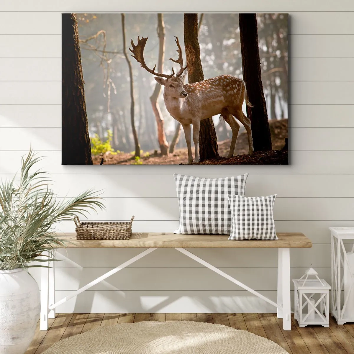 Cuadro sobre lienzo - Impresión de Imagen - Ciervos en el bosque en la niebla de la mañana. - 100x70cm - La luz de la juventud - Decoración de pared moderna para salón y dormitorio ARTTOR