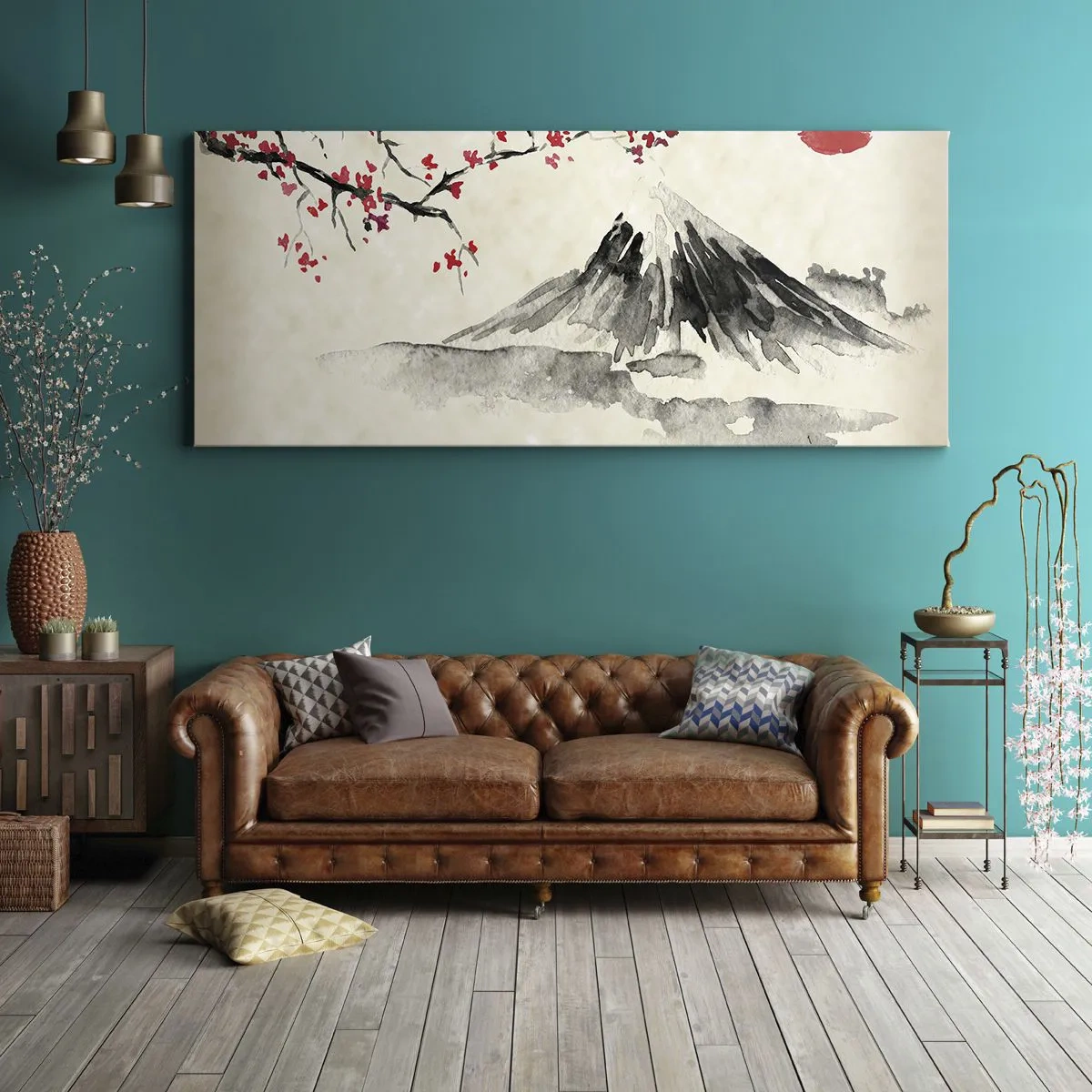 Cuadro sobre lienzo - Impresión de Imagen - Un paisaje pintoresco con una montaña, cerezos en flor y sol. - 120x50cm - Enamórate de Japón - Decoración de pared moderna para salón y dormitorio ARTTOR