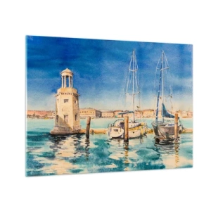 Cuadro sobre vidrio - Impresiones sobre Vidrio - Marina de acuarela con faro y yates amarrados - 70x50cm - Laguna soleada - Decoración de pared moderna para salón y dormitorio ARTTOR