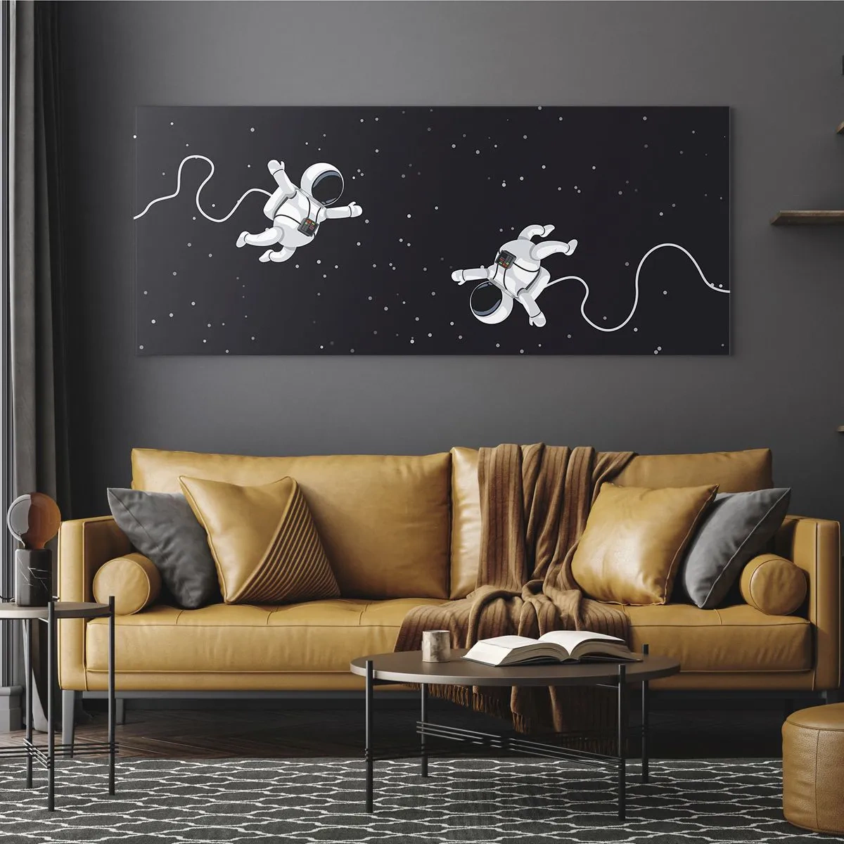 Cuadro sobre vidrio - Impresiones sobre Vidrio - Astronautas flotando en el espacio con un telón de fondo de estrellas. - 140x50cm - Danza cósmica - Decoración de pared moderna para salón y dormitorio ARTTOR
