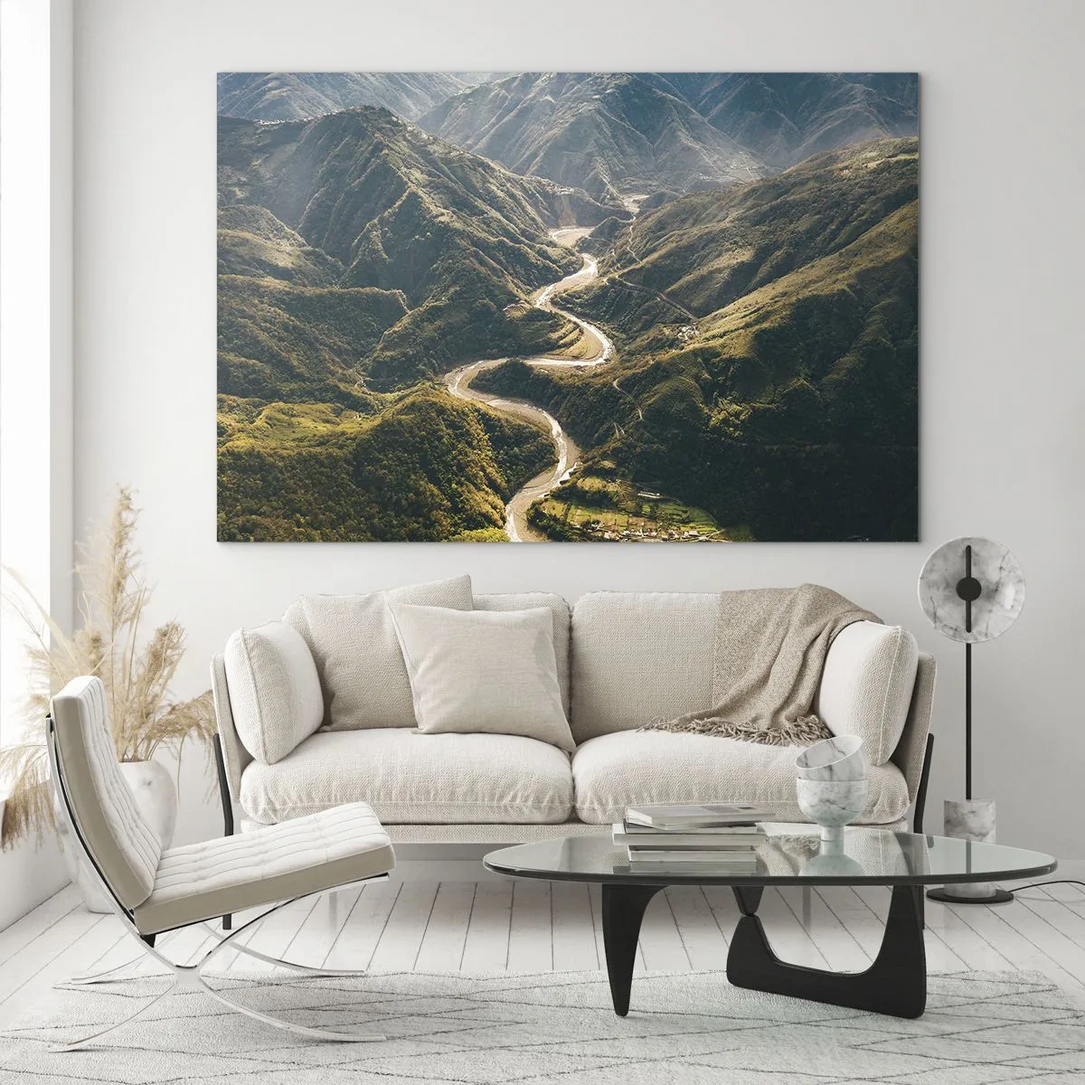 Cuadro sobre vidrio - Impresiones sobre Vidrio - Un camino sinuoso que serpentea a través de verdes valles de montaña. - 100x70cm - Directamente desde el corazón de las montañas - Decoración de pared moderna para salón y dormitorio ARTTOR