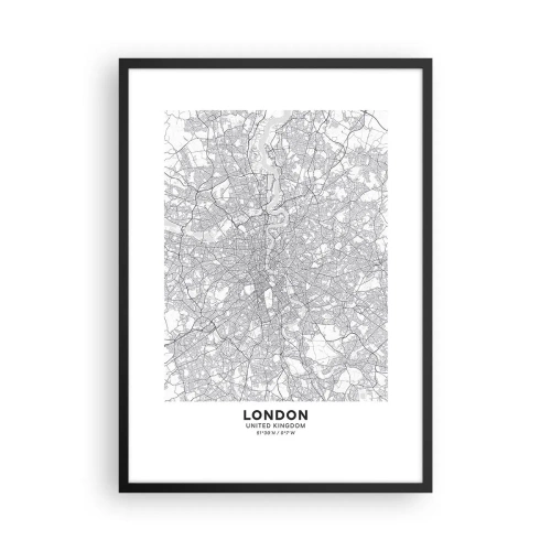 Póster en marco negro - Mapa en blanco y negro de Londres con detalles precisos de las calles - 50x70cm - Un mapa del laberinto de Londres - Decoración de pared moderna para salón y dormitorio ARTTOR