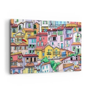 Cuadro sobre lienzo - Impresión de Imagen - Casas de vecindad coloridas en un estilo animado y alegre - 120x80cm - Ciudad alegre - Decoración de pared moderna para salón y dormitorio ARTTOR