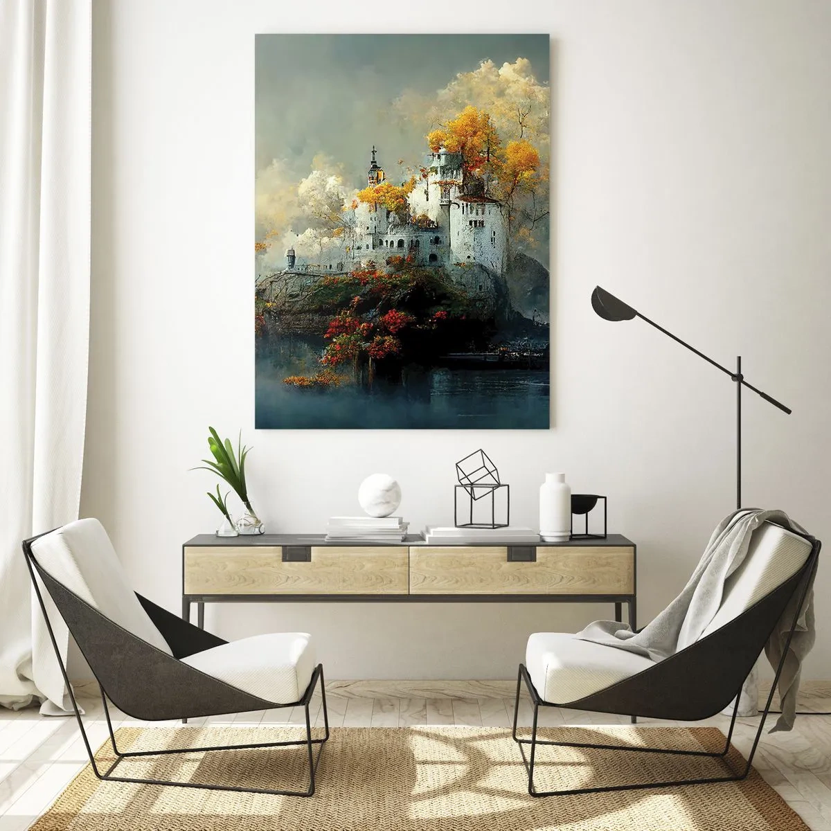 Cuadro sobre vidrio - Impresiones sobre Vidrio - Un castillo sobre una roca rodeado de niebla y árboles otoñales. - 50x70cm - El comienzo de una historia romántica - Decoración de pared moderna para salón y dormitorio ARTTOR